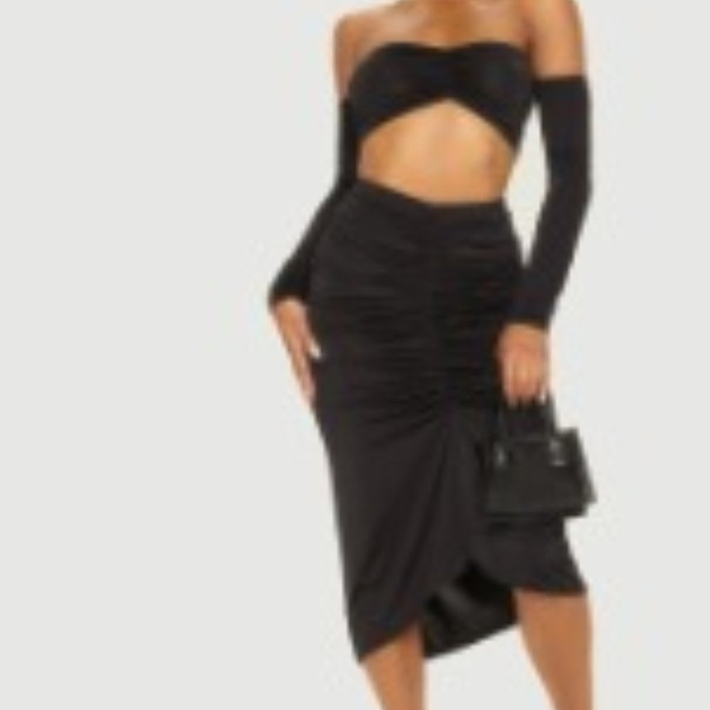 PLT Black Asymmetric Ruched Midi Skirt